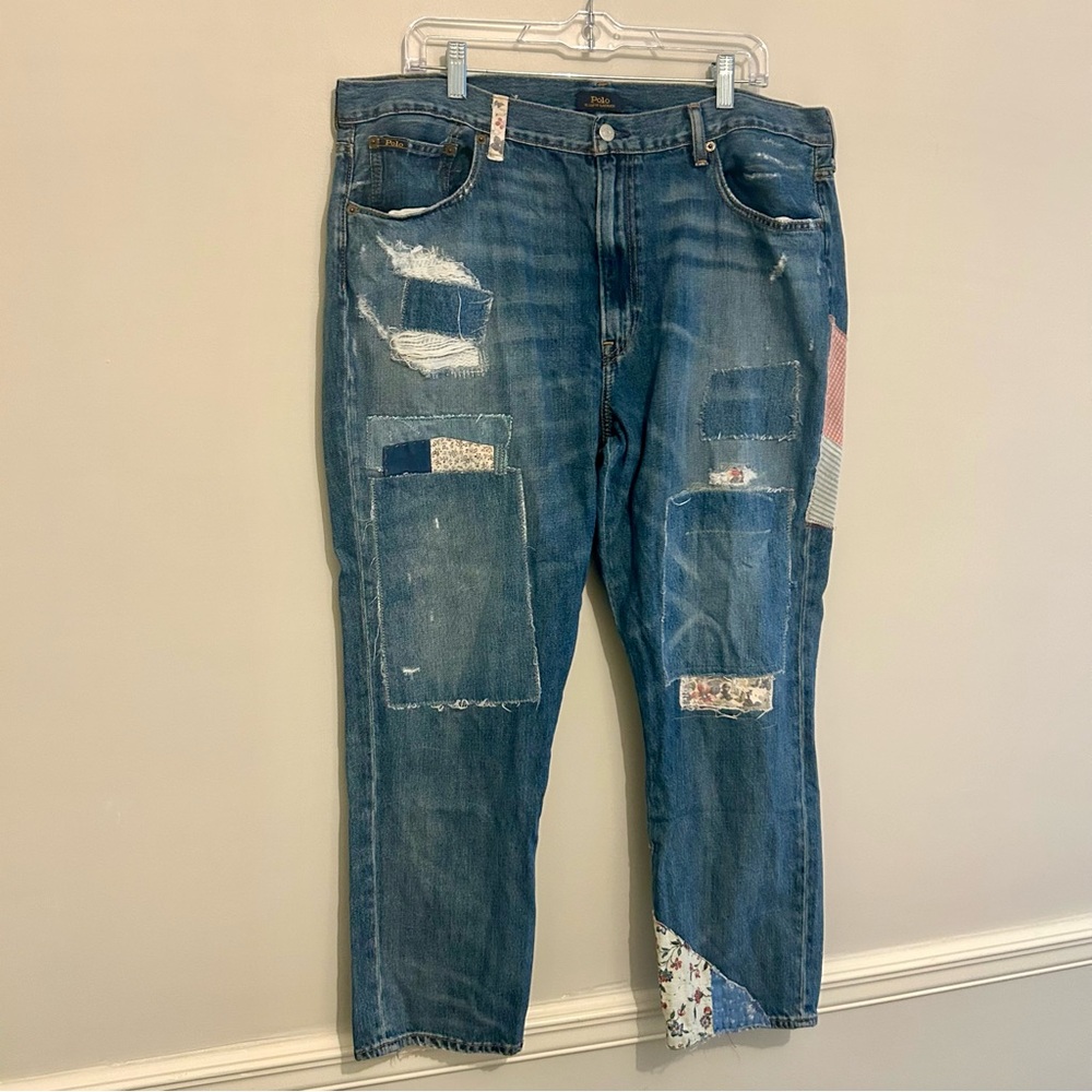 Polo Ralph Lauren Avery Patchwork Crop Denim Jeans Sz 33 14 16 Large XL